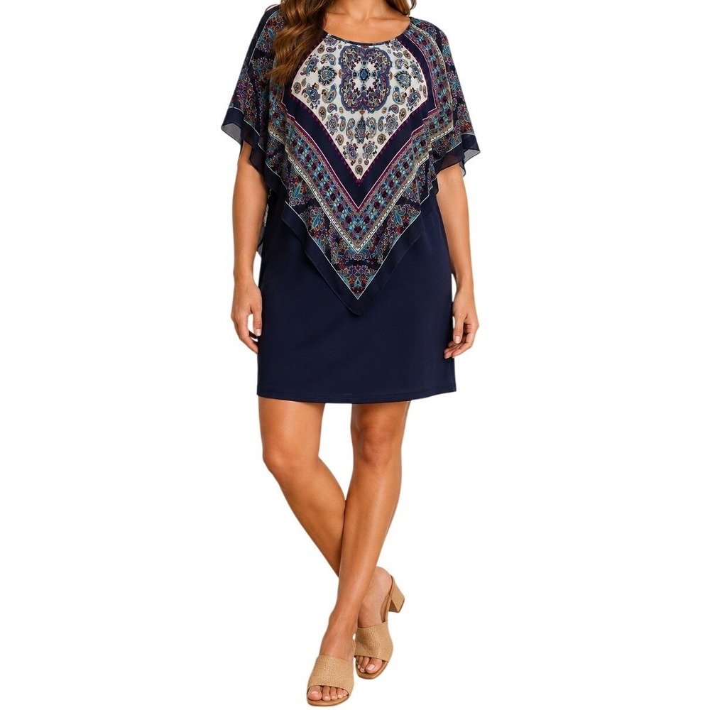 Agenda Sheath Dress Womens L Navy Blue Paisley Scarf Print Poncho Overlay Boho